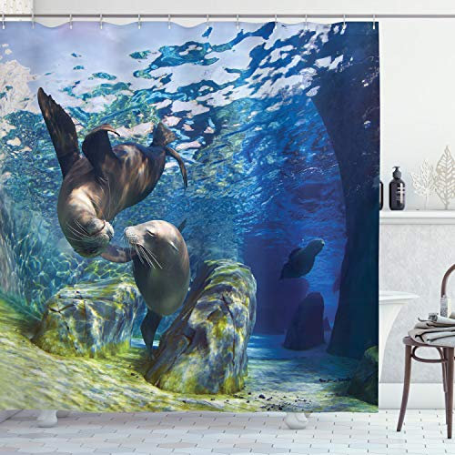 ABAKUHAUS Unterwasser- Duschvorhang, Spielerische Seelöwen, Stoffliches Gewebe Badezimmerdekorationsset mit Haken, 175 x 180 cm, Marineblau