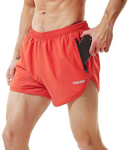 TENJOY Herren Laufshorts Gym Athletic Workout Shorts für Männer 7,6 cm Sportshorts mit Reißverschlusstasche Rot M