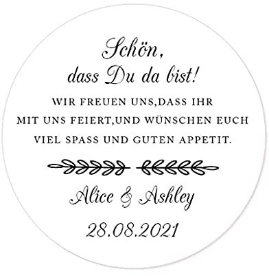 48x personalisiert willkommen Sticker - Schön, dass Du da bist! Hochzeit Aufkleber - 4 cm Runde Papieraufkleber Etiketten für Hochzeit,Gastgeschenk,Tischdeko,Flaschen,Tüten - Rd 144-008