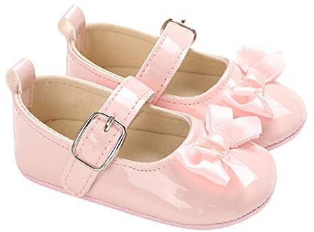 Siyova Scarpe Neonata Scarpe da Principessa per Bambini con Fiocco Scarpe Battesimo in PU Tinta Unita Scarpe Primi Passi Scarpe Bimba Elegante Carino (Rosa, 0-6 Mesi)