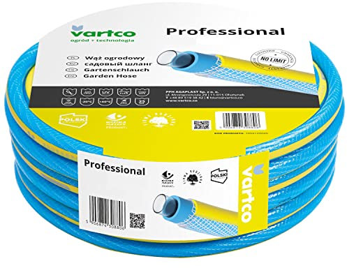 Vartco Tubo professionale per acqua potabile a 4 strati, anti-torsione, per giardino, flessibile, resistente ai raggi UV, 25 bar (3/4, 30 m), blu/giallo