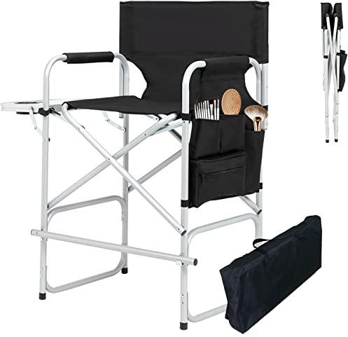 JXUFDHO Makeup Chair for Makeup Artist 41'',Tall Directors Chairs Foldable with Side Table Cup Holder Storage Bag and Footrest, Folding Chair Makeup Chair for Clients 400lbs Capacity