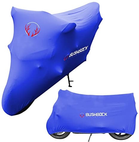 BUSHBOCK® Premium Cover Indoor Motorrad Abdeckplane-Staubschutz-elastischer, atmungsaktiver Samt-Stretchstoff (M-L, Blau)