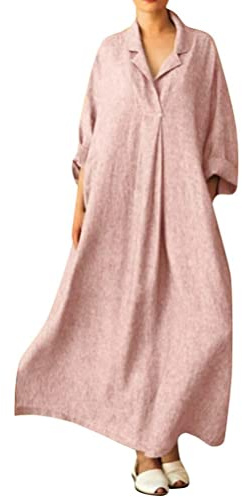 Onsoyours Femmes Coton Lin Robes Décontracté à Manches Courtes Couleur Unie Robes Mi-Longues Robe Evasée Robes Fluides Amples Eté