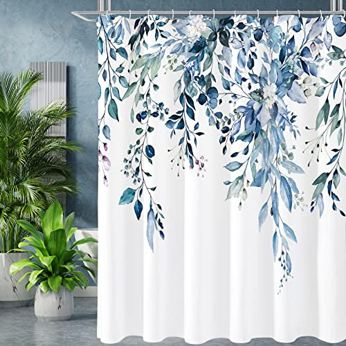 Gibelle Duschvorhang mit blauen Eukalyptus, Aquarell-Pflanzenblätter mit Blumen, Badezimmer-Duschvorhang-Set mit Haken, 183 x 183 cm