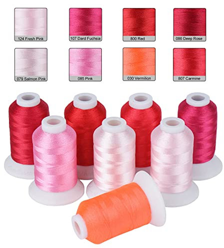 Simthread Rotes Stickgarn, 8 Farbtöne, kompatibel mit Brother-Farben, je 40 W, 40 W Polyester, für Brother, Babylock, Janome, Singer und andere Maschinen