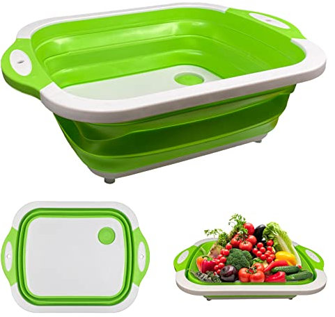 Firschoie 3 in 1 Tabla de Cortar Plegable, Tabla de cortar portátil tablero de cocina multifuncional, Cesta de drenaje plegable, Apto para cocina, exterior, camping, barbacoa(Verde)