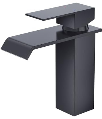 CREA Wasserhahn Bad Wasserfall, Waschtischarmatur mit Ablaufgarnitur, Mischbatterie Bad mit Wasserfall Auslauf, Hochdruck Armatur Waschbecken für Badezimmer, Modern Wascharmatur, Matt Schwarz