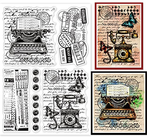 GLOBLELAND Retro Typewriter Background Clear Stamps for Cards Making Vintage Telephone Background Silicone Clear Stamp Seals for Cards Making DIY Scrapbooking Photo Journal Album Decoration