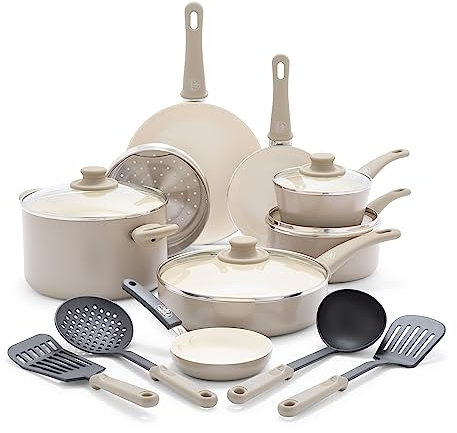 GreenLife 16 Piece Nonstick Cookware Set, Soft Grip Non-Toxic PFAS-Free Ceramic Pots & Pans, Dishwasher & Oven Safe, Frying, Sauce, Saute, Utensils, Glass Lids, Stay-Cool Handles, Wobble Free, Taupe