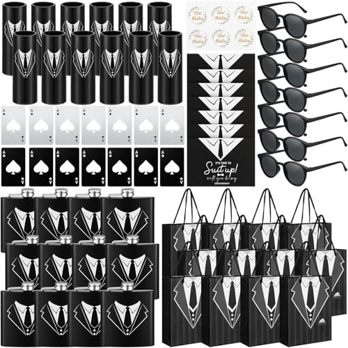 Bokon Groomsmen Gifts for Men Stainless Steel Tuxedo Flask Groomsmen Gauge Glasses Poker Bottle Opener Groomsman Gift Bag Sunglasses with Cards for Wedding Bachelor Party Favors(72 Pcs)