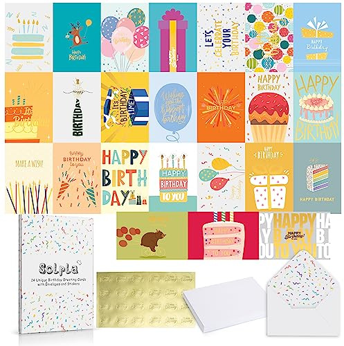 24 Pack Unique Gold Foil Birthday Cards with Envelopes & Stickers | 4x6 Inches Blank Happy Birthday Cards Assortment in Bulk for Family, Kids, Friends, Work & Office Celebrations.