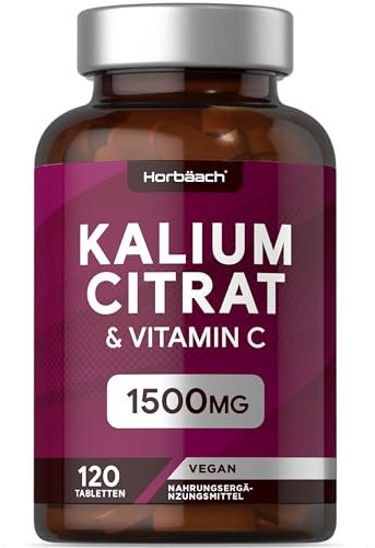 Potassio Citrato Alto Dosaggio 1500 mg | Potassio Integratore con Vitamina C | 120 Compresse Vegane | Potassium Citrate | Horbaach