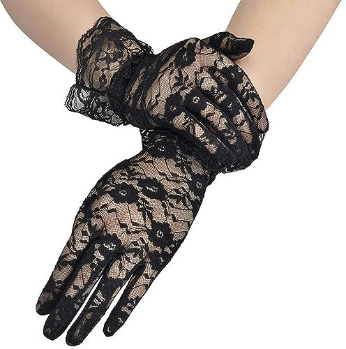 Frauen Vintage Sheer Kurze Spitze Handschuhe Party Handgelenk Länge Floral Handschuhe für Abendessen Fancy Kostüm Zubehör Handschuhe-25 cm Schwarz