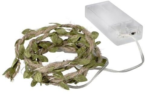 Ideen mit Herz Cadena de luces LED de alambre, cuerda con hojas verdes, 10 ledes, luz blanca cálida, funciona con pilas, incluye función de temporizador, 1,25 m de largo