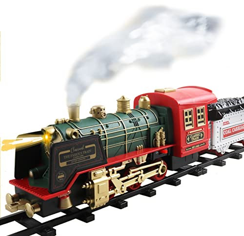 Trains de Noël Télécommandés Lumières de Pulvérisation de Fumée Musique Décoration de Noël Trains électriques Rechargeables Cadeaux d'anniversaire de Noël (Coloré)