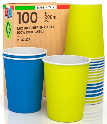 100 Bicchieri in Carta 200ml Mix Star Ecologici Biodegradabili Monouso Made in Italy Asporto Bevande Calde Acqua - MIX di Colori Giallo Blu- Prodotto e Confezionato in Italia