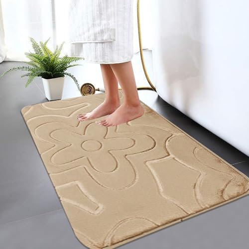 B&B Memory Foam Bath Mat - Beautiful Embossed Flora Design Non Slip Anti Mould Shower Mat Water Absorbent Toilet Pedestal Bathroom Mat - Door Mat 50 x 80 cm, Beige