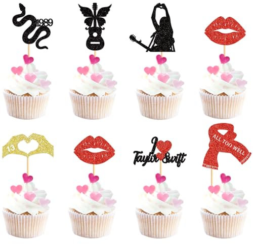 Blumomon 28Pcs Taylor Swift Cupcake Toppers, 32Pcs Popular Singer Cake Decoration, Music Themed Party Fans, Purple, Pink