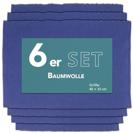 Como Platzmatte 6er Set blau, Platzset aus Baumwolle, strapazierfähig, hitzebeständig, abwaschbar, rutschfest, Platzdeckchen 48x33 cm