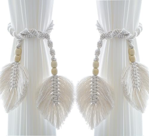 Vifoulal Vorhang Raffhalter, 2 Stück Raffhalter für Vorhänge Boho Baumwolle Makramee Gardinenhalter mit Holzperle, Vorhang Seil Schnallen für Haus, Büro, Wohnzimmer, Schlafzimmer Deko (Beige)