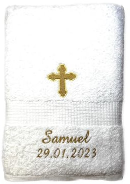 Kreuz Handtuch mit Name und Datum bestickt, Zur Heiligen Taufe, Duschhandtuch, Gästehandtuch, Saunahandtuch