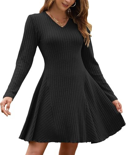 AUSELILY Autumn Dresses for Women UK Lightweight Winter Jumper Dress Knitted V Neck A Line Long Sleeve Dresses Knee-Long Sweater Dress Elegant Black L