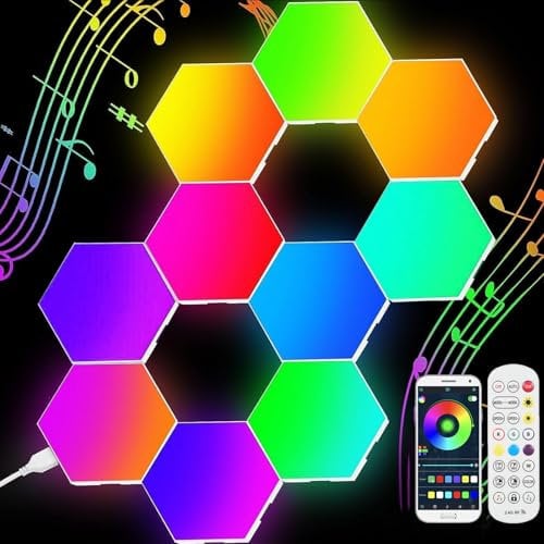 Neoglint 10PCS Hexagon LED Lights Sync to Music with Controller RGB Led Hexagon Light Panels Smart Wall Lights App Control Gaming Room Decor