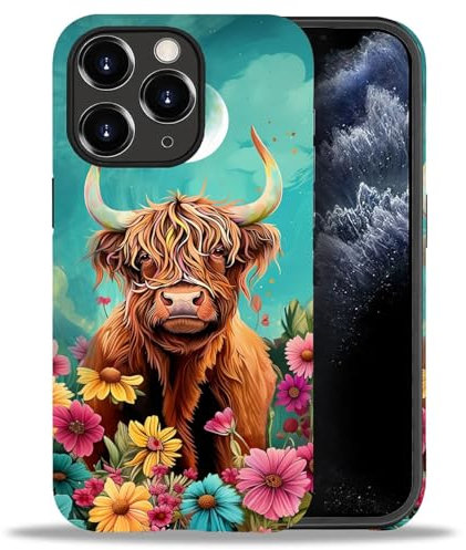 Bvkilrvc Compatible with iPhone 11 Pro Max Case, Flower Highland Cow Pattern Print Phone Case Funny Liquid Silicone Case Impact Resistant Anti-Scratch Shockproof Protective Cover