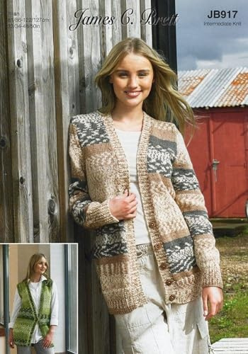 James Brett Aran Knitting Pattern Ladies Fairisle Cardigan & Waistcoat (JB917)