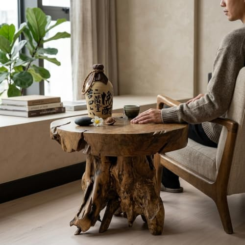 Kinaree Teakholz Beistelltisch JOMTIEN IV - 50cm runder Wurzelholz Baumstamm Hocker - Massivholz Blumenständer (50 cm/Tischplatte 4,5 cm)