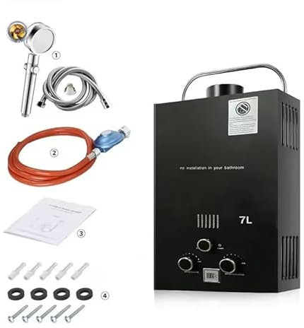 Scaldacqua a gas propano GPL 6/7/8L con kit doccia, scaldabagno istantaneo senza serbatoio 14 kw con kit doccia, per la casa e l'esterno (7 L)