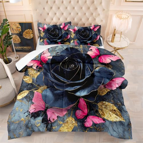 CCoutueChen Black Rose King Size Bettwäsche-Set, Marmor-Bettwäsche-Set für Herren, goldenes Blatt-Bettwäsche-Set für Damen und Kinder, modern, atmungsaktiv, bequem, Mikrofaser-Bettwäsche-Set