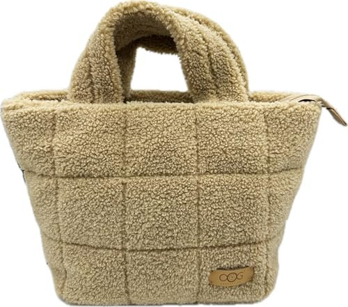OOG Teddyfell Optik Plüsch Shopper Tasche Schultertasche Henkeltasche Tote Bag Fluffy (Khaki)