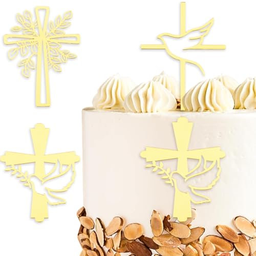 DazzJoy 3 Stück Kreuz Cake Topper Taufe, Acryl Tortendeko Taufe, Gold, Firmung, Babyparty
