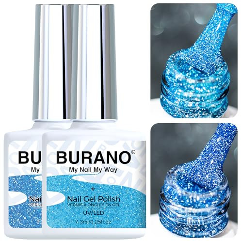 BURANO Reflective UV Glitzer Nagellack, Blau Nagel Gel Glitzer UV Lack, 7.3ml 2 Flaschen Glitzer Gel Nägel Nagellack Holographisch Nail Gel Polish Curing Need S24 S23