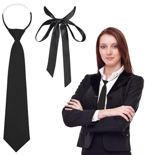 Calkkrer 2 Stück Krawatten Damen, Verstellbare Krawatte für Mädchen, Seidenlook Glänzend Vorgebunden Elastischer Gummizug, Lange Krawatte JK-Uniform-Krawatte