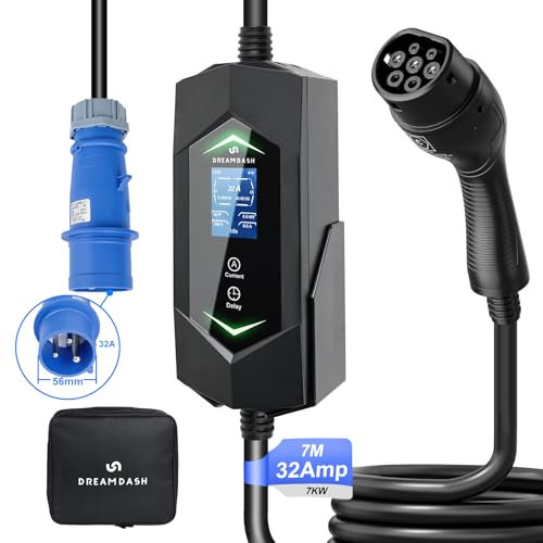 Colonnina Ricarica Auto Elettrica 7.4kw tipo 2 a Blu CEE 32A Monofase 3 pin, Cavo 7m, Wallbox Caricatore Regolabile 6-32A 1-12 ore, IP65, -30 ℃ a 50 ℃, Carica Batteria Portatile per BEV & PHEV