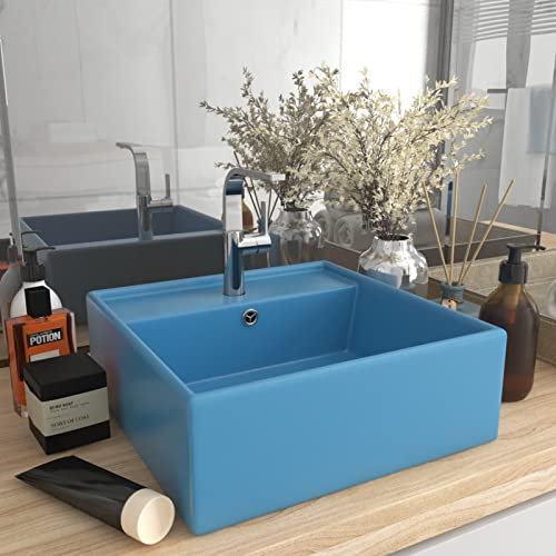 ShGaxin Lavabo, Lavabo sobre Encimera, Lavamanos para Baños, Lavabo Baño, Mueble Lavabo, Muebles De Baño, Cuadrado rebosadero cerámica Azul Claro Mate 41x41 cm