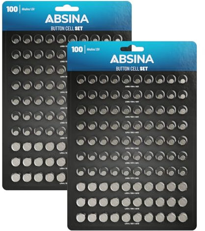 ABSINA 200er Pack Alkaline Knopfzellen Sortiment - 40x AG1 / 60x AG3 / 40x AG4 / 40x AG10 / 20x AG13-1,5V Batterie Sortiment auslaufsicher - Knopfzellen Set gemischt, Batterien Set gemischt