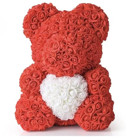 Orso di Rose con cuore rosso 25cm, fatto con Rose, già confezionato regalo per San Valentino, orsetto per fidanzata, Amica, orsacchiotto, teddy bear in Italia (Rosso Cuore senza scatola, 25cm)