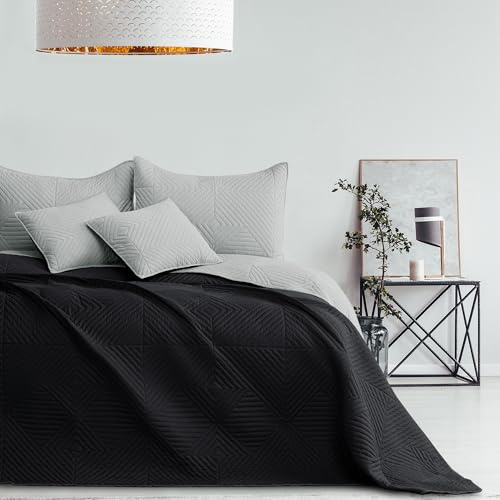 RESTILO Tagesdecke 220x240 cm Schwarz Silber Bettüberwürf zweiseitig Ultrasonic Steppung Polyester Softa