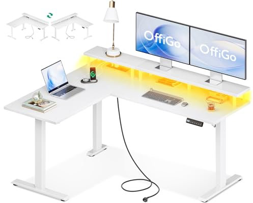 OffiGo Schreibtisch Höhenverstellbar, 150 x 120 cm Eckschreibtisch Höhenverstellbar mit Monitorhalterung, Elektrisch Schreibtisch L Form mit Steckdosen, Computertisch mit LED für Büro, Weiß