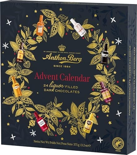 Anthon Berg - Calendario dell'Avvento con 24 Cioccolatini Assortiti al Liquore, al Cioccolato Fondente, Confezione Regalo, 375 Grammi