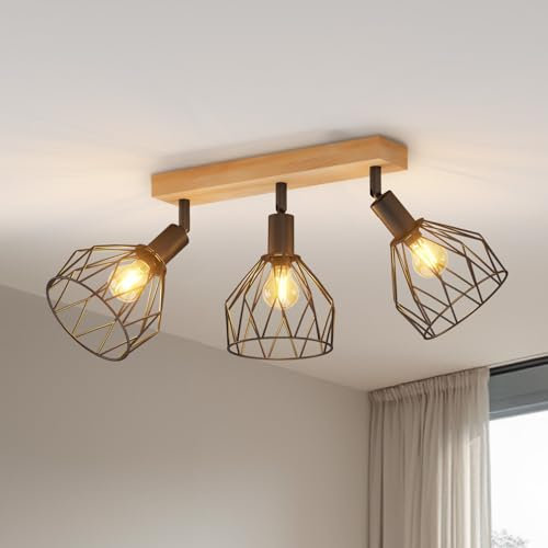 LVWIT E14 Deckenlampe 3 Flammig LED Deckenleuchte Deckenstrahler Schwenkbar 350° Holz LED Deckenspots Schwarz Küchenlampe Wohnzimmer, Flurlampe Modern für Flur, Küche, Schlafzimmer