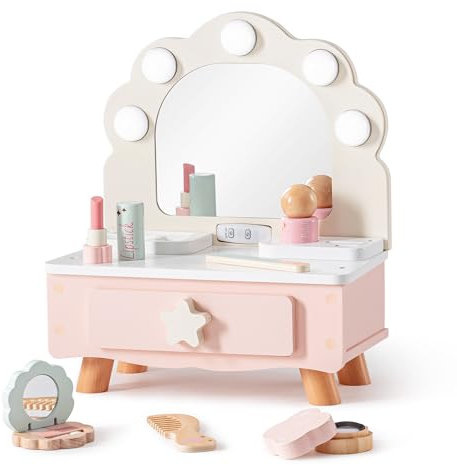 ROBUD Schminktisch Spielset für Kinder mit Licht, Holz Schminke Frisiertisch für Mädchen mit Spiegel & Schminkset, Kinderschminke Rollenspiel Set, Geschenke für Mädchen ab 3-8 Jahren