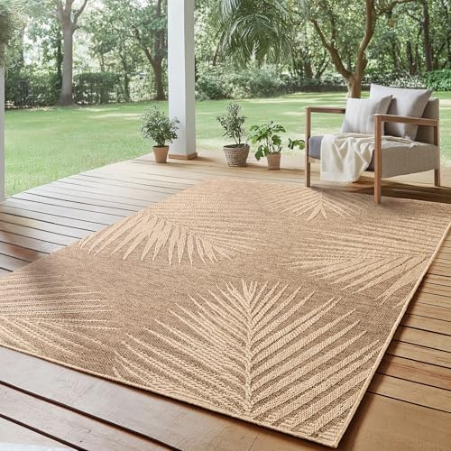 SIMPEX Outdoor Teppich 200x290 cm Wetterfest Pflegeleicht Jute Natur Optik Palmen Design für Wohnzimmer Esszimmer Schlafzimmer Terrasse Balkon Garten