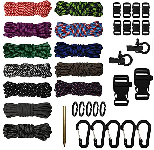 BDSHGRDH Cuerda de Nylon， Paracord Bracelet Kit, 12 Colours Paracord Cord Combo Craft Kit with Paracord Buckles Carabiner Clips Needle Key Rings