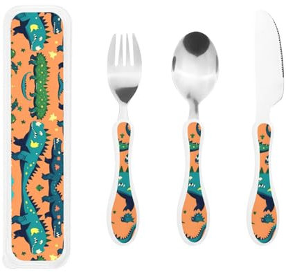 Dinosaur Print Knife, Fork and Spoon Set - Flatware Set, Steel Kitchen Soup Ladle & Dessert Spoon for Table Manners