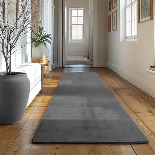 SIMPEX Läufer Teppich Grau 80x250 cm Kurzflor Teppich Waschbar, weich & rutschfest, modernes einfarbiges Design für Schlafzimmer, Küche & Flur